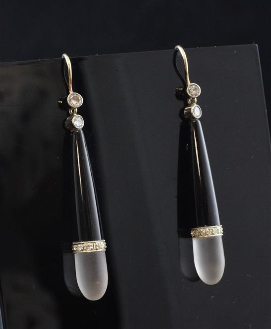 A pair of 1920s style, diamond set black enamel and frosted glass drop earrings, 1.5in.